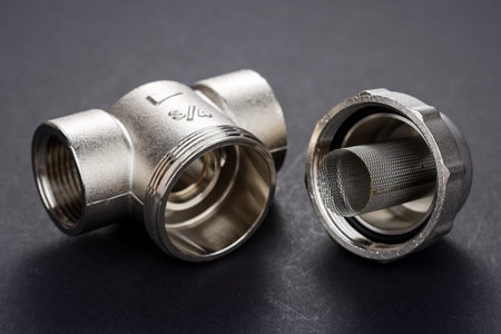 Coarse water filter for plumbing works isolated on dark background,の写真素材