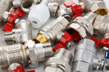 water ball valve with connecting fitting, on white background, isolated. Threaded connection...