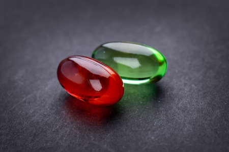 Red and green soft gel medicine pill capsule on dark background.