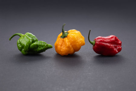 Pile Colorful hot peppers on dark background.