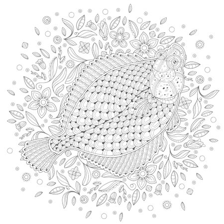Hand-drawn sketch of a fish on the white background. Image for coloring pages. Vector illustrationのイラスト素材