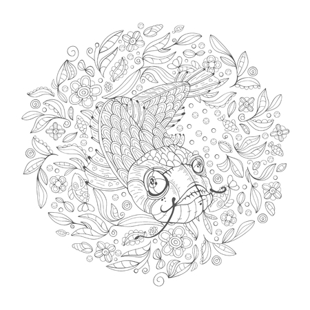 Hand drawn decorated cartoon catfish on white background with algae. Image for adult and children coloring books. Vector illustrationのイラスト素材
