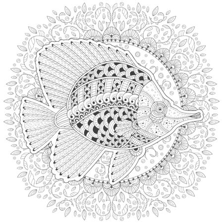 Hand-drawn sketch of a fish on the white background. Image for coloring pages. Vector illustrationのイラスト素材