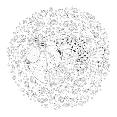 Freehand drawing with puffer fish on the background of small fish. Image for coloring pages. Coloring book.のイラスト素材