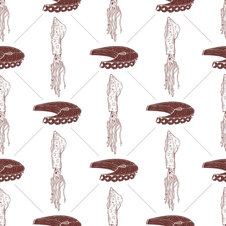 Seamless pattern with squids and fish steaks on a white background. Vector illustrationのイラスト素材