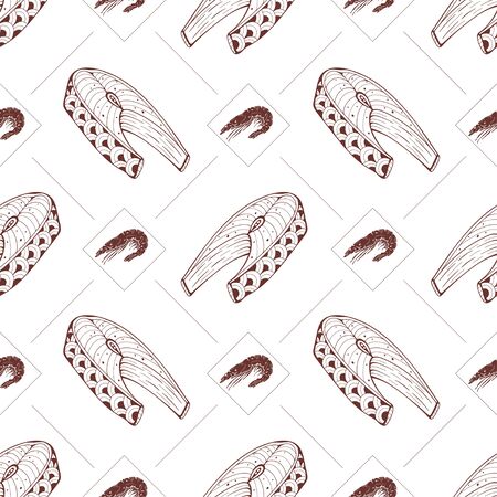 Seamless pattern with shrimps and fish steaks on a white background. Vector illustrationのイラスト素材