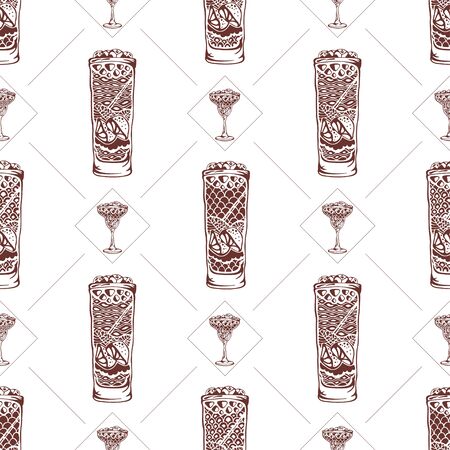 Seamless pattern with glasses and cocktails on a white background. Vector illustrationのイラスト素材