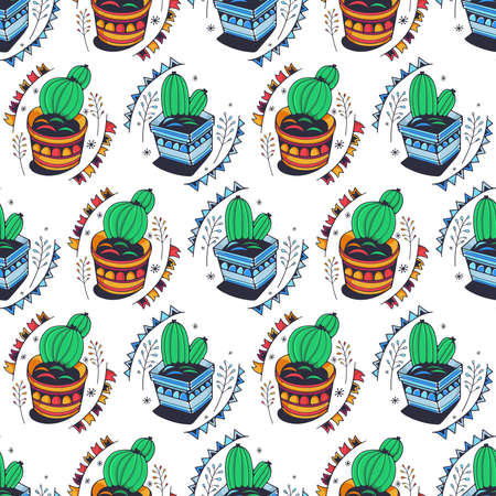 Cacti in pots. Seamless pattern on a white background. Cute vector illustration.のイラスト素材