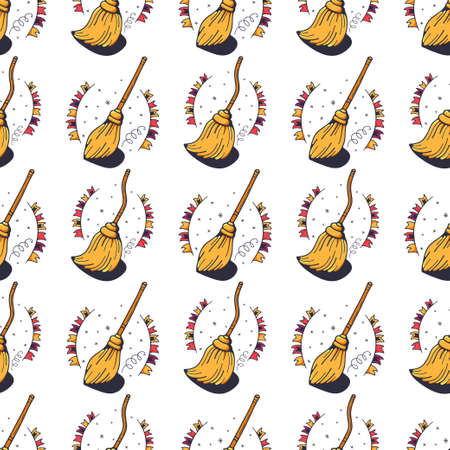 Broomsticks. Seamless pattern on a white background. Cute vector illustration.のイラスト素材