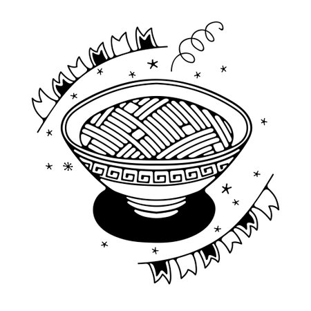 Vector illustration with a bowl of noodles. Isolated on a white background. Cute doodle illustrations.のイラスト素材