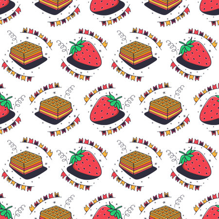 Strawberries and waffles. Seamless pattern on a white background. Cute vector illustration.のイラスト素材