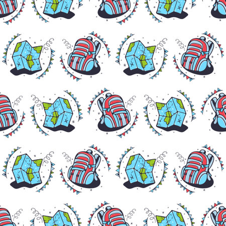 Travel backpacks and map. Seamless pattern on a white background. Cute vector illustration.のイラスト素材
