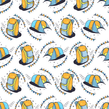 Tourist tents and backpacks. Seamless pattern on a white background. Cute vector illustration.のイラスト素材