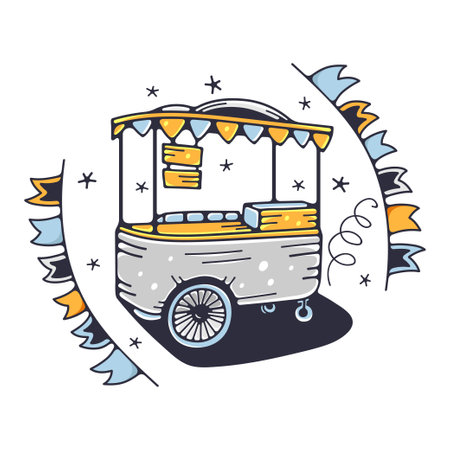 Cute illustration with mobile food cart. Isolated on a white background. Vector doodle illustrations.のイラスト素材