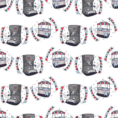 Coffee maker and mobile food cart. Seamless pattern on a white background. Cute vector illustration.のイラスト素材