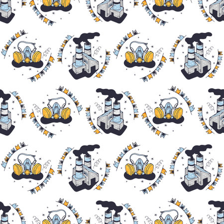Factories and respirators. Seamless pattern on a white background. Cute vector illustration.のイラスト素材