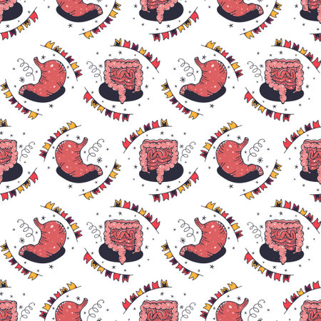 Stomachs and intestines. Seamless pattern on a white background. Cute vector illustration.のイラスト素材