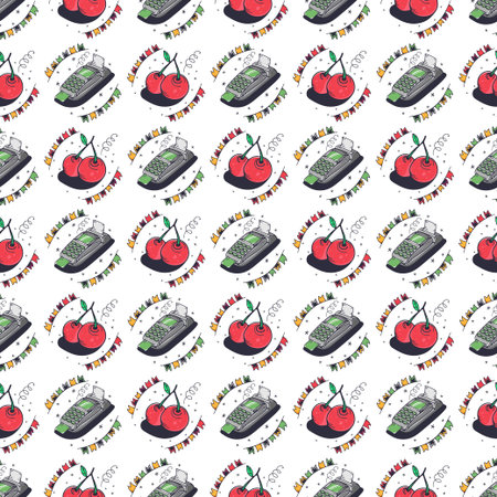 Seamless pattern with cash register and cherry. Seamless pattern on a white background. Cute vector...