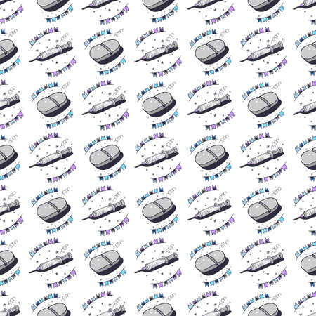 Seamless pattern with pills and syringes. Seamless pattern on a white background. Cute vector illustration.のイラスト素材