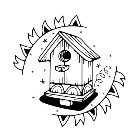 Vector illustration with birdhouse. Isolated on a white background. Cute doodle illustrations.のイラスト素材