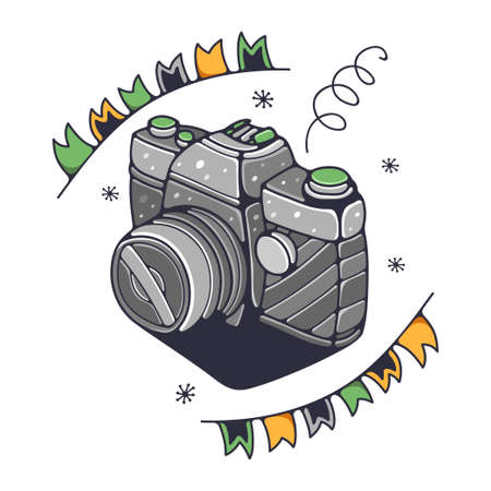 Cute illustration with a photo camera. Isolated on a white background. Vector doodle illustrations.のイラスト素材