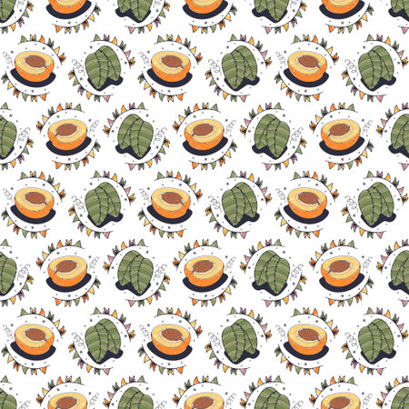 Apricot and Leaves. Seamless pattern on a white background. Cute vector illustration.