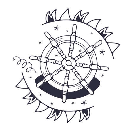 Vector illustration with a ship's wheel. Isolated on a white background. Cute illustrations.のイラスト素材