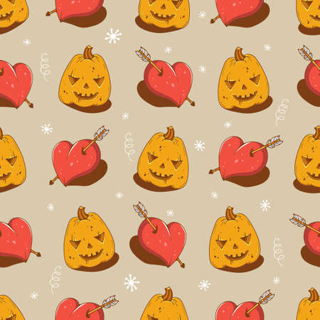 Halloween seamless background. Pumpkin and heart. Cute vector illustration.のイラスト素材