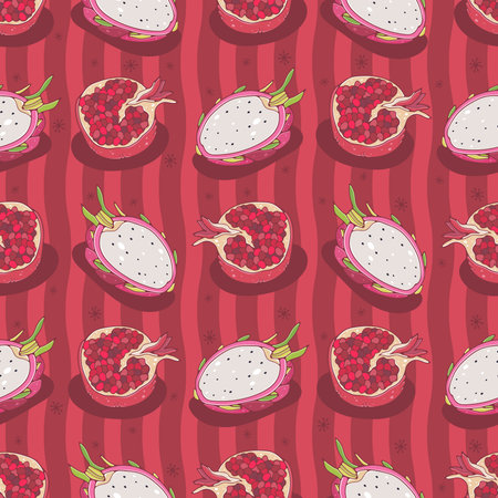 Seamless background with fruits. Cute vector illustration. Pomegranate, dragon fruit seamless patternのイラスト素材