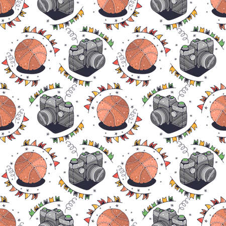 Photo camera and Basketball ball. Seamless pattern on a white background. Cute vector illustration.のイラスト素材