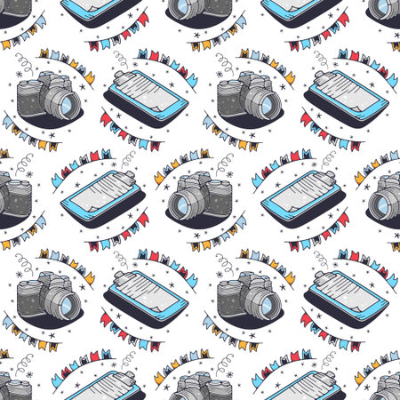 Photo camera and Questionnaire. Seamless pattern on a white background. Cute vector illustration.のイラスト素材