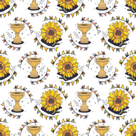 Trophy cup and Sunflower. Seamless pattern on a white background. Cute vector illustration.のイラスト素材