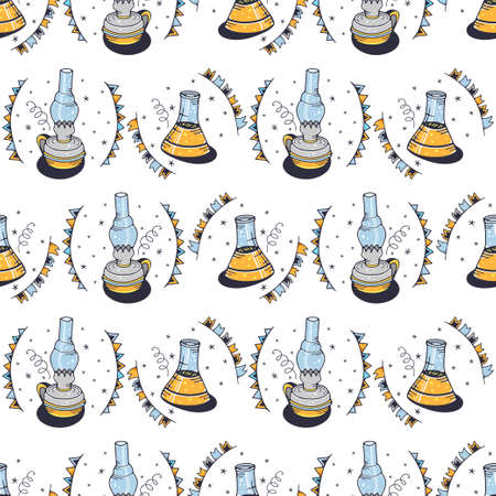 Kerosene lamp and Flask. Seamless pattern on a white background. Cute vector illustration.のイラスト素材
