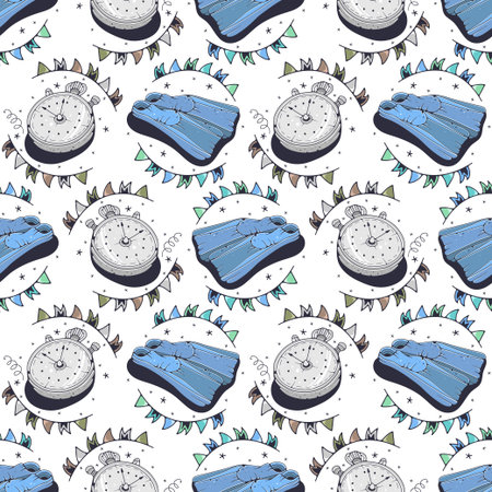 Stopwatch and Flippers. Seamless pattern on a white background. Cute vector illustration.のイラスト素材