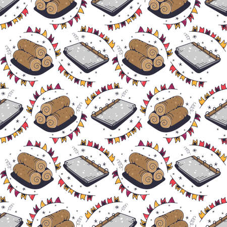 Firewood and Notebook. Seamless pattern on a white background. Cute vector illustration.のイラスト素材