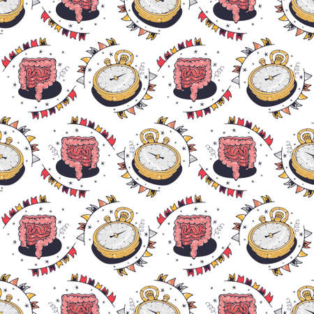 Stopwatch and intestines. Seamless pattern on a white background. Cute vector illustration.のイラスト素材