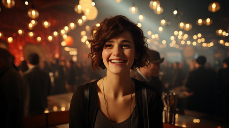 Happy brunette smiling. Young woman smiling, looking at the camera. Bokeh effect. AI generativeの素材