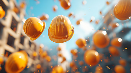 The composition of protective helmets, as if soaring into the sky, symbolizes the triumph of labor and the strength of the construction industry.の素材