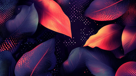 Abstract composition of bright leaves with smooth lines and gradient transitions on a dark background.の素材