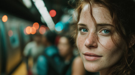 Portrait of a young woman with blue eyes and freckles against the background of blurred metro lights. Her gaze is filled with calm and light thoughtfulnessの素材