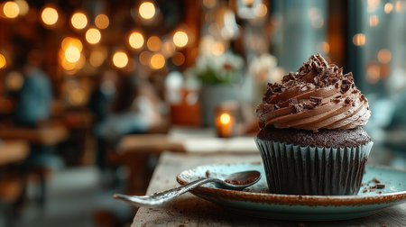 Chocolate cupcake with airy cream and shavings on a saucer in a cozy cafe, where soft lighting creates a warm atmosphereの素材