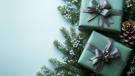 Two gifts, wrapped in green paper and decorated with silver bows, are neatly placed against a light blue background.の素材