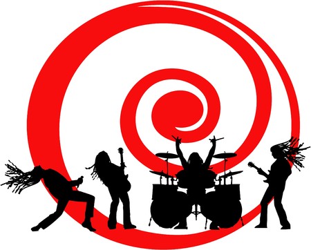 the vector musicians silhouette on red swirlのイラスト素材
