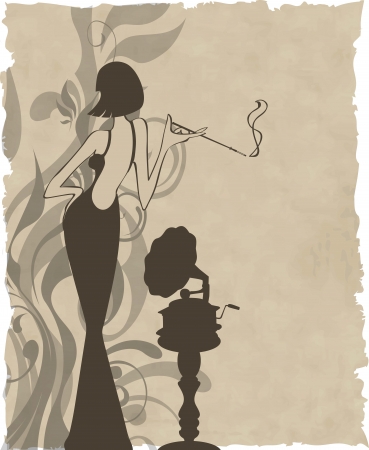 retro girl with old gramophone background -  illustrationのイラスト素材