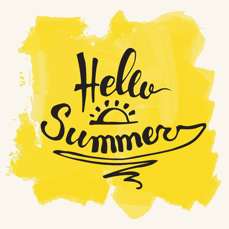 Watercolor background and lettering hello summer. Abstract Summer Decoration. Vector Illustration.のイラスト素材