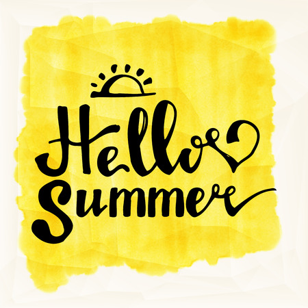 Watercolor background and lettering hello summer. Abstract Summer Decoration. Vector Illustration.のイラスト素材