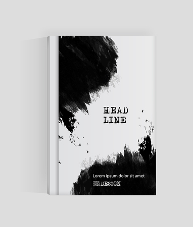 Black abstract design. Ink paint on brochure, Monochrome element isolated on white. Grunge banner paints. Simple composition. Liquid ink. Background for banner, card, poster, identity,web design.のイラスト素材