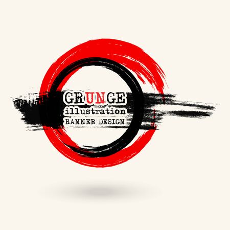 Black and red ink round stroke on white background. Japanese style. Vector illustration of grunge circle stainsのイラスト素材