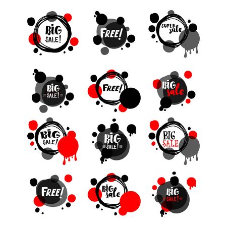Flat red and black circle design big sale stickers set. Vector illustrations for online shopping, product promotions, website and mobile website badges, ads, print material.のイラスト素材
