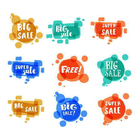 Flat color circle design big sale stickers set. Vector illustrations for online shopping, product promotions, website and mobile website badges, ads, print material.のイラスト素材